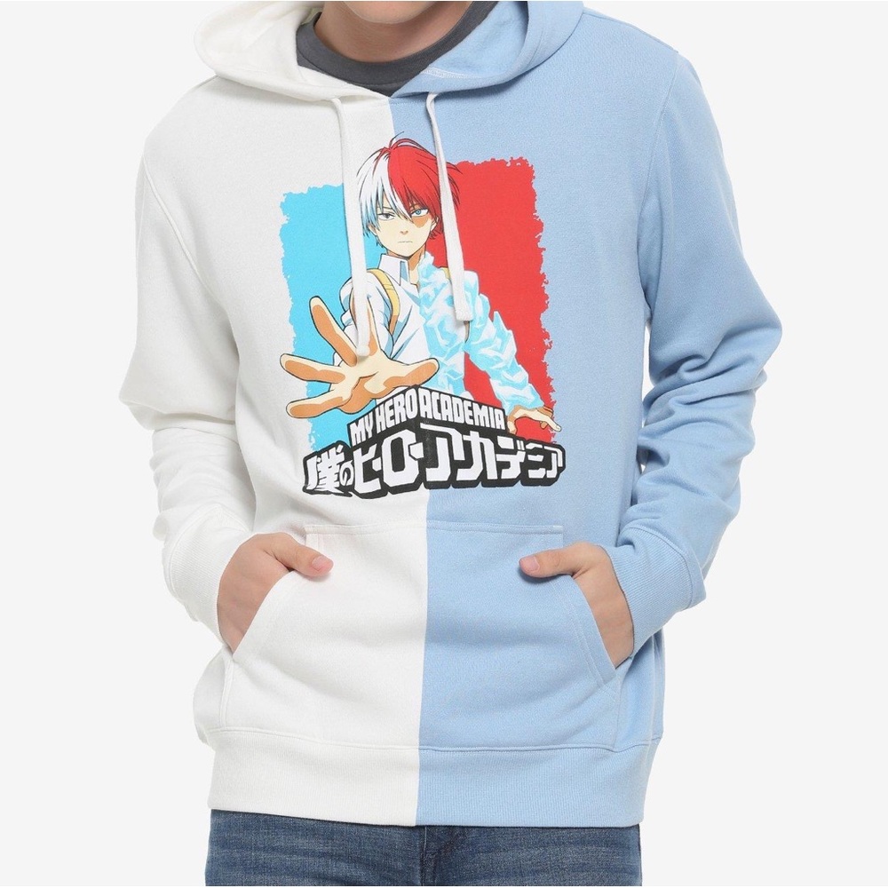 Split color white and blue My Hero Academia hoodie, TODOROKI